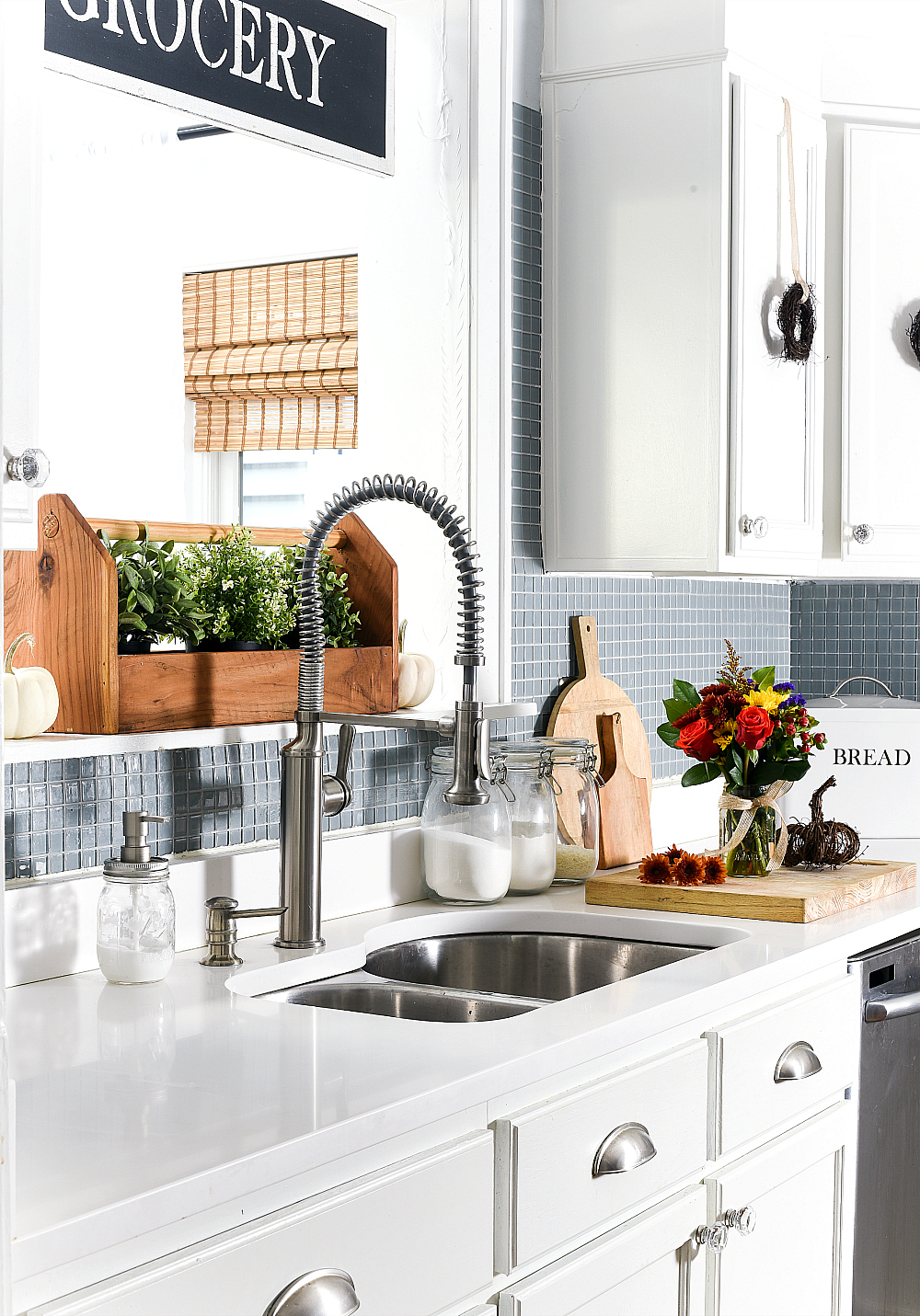 Fall in the Kitchen - White Kitchen cabinets, blue glass tile backsplash