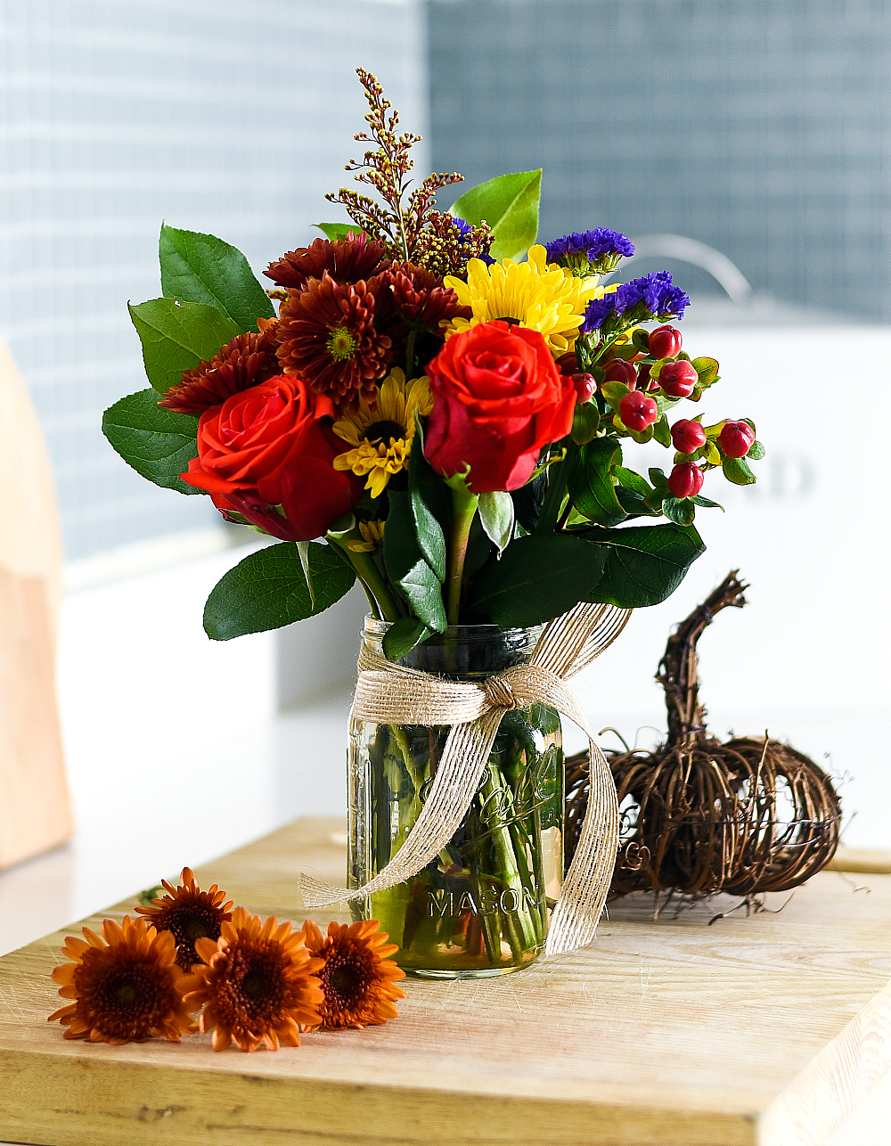 Fall Flowers in Mason Jar