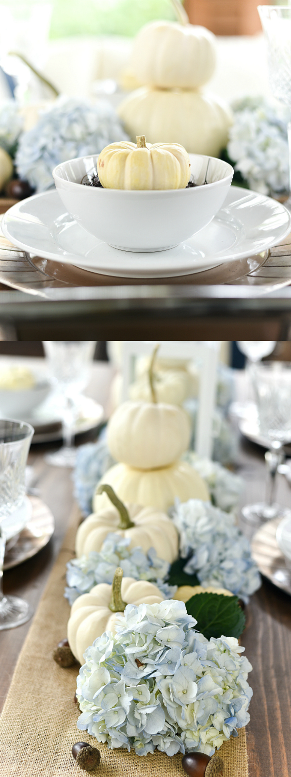 White Pumpkin & Hydrangea Centerpiece and Table Setting for Fall - Fall Table Setting Ideas - Fall Centerpiece with Pumpkins