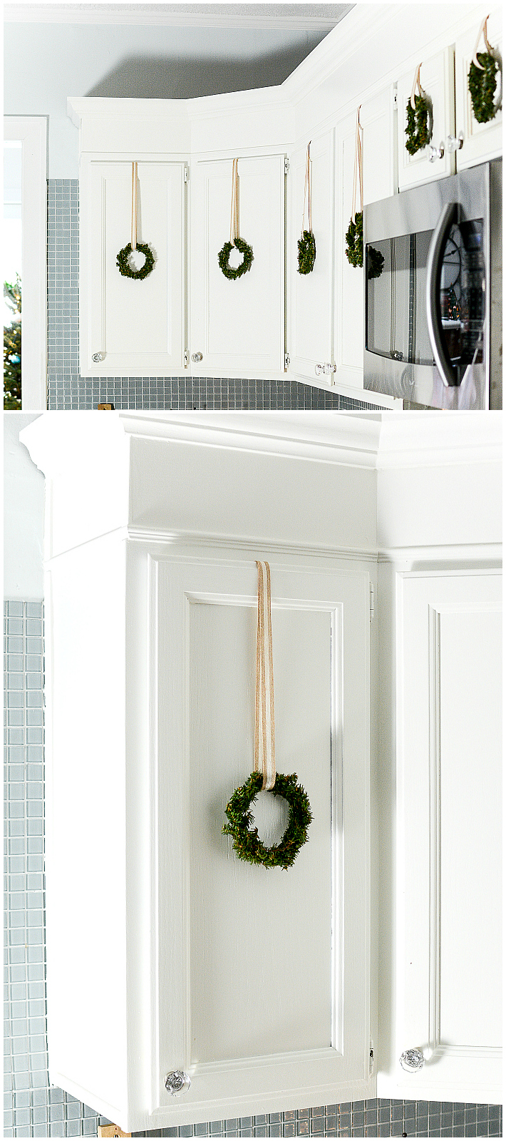 Decorating with Wreaths Indoors - Mini Wreaths on Kitchen Cabinets