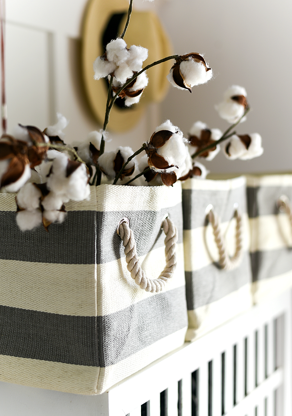 Gray and White Striped Baskets - Nautical gray and white striped bins - Cotton Stems