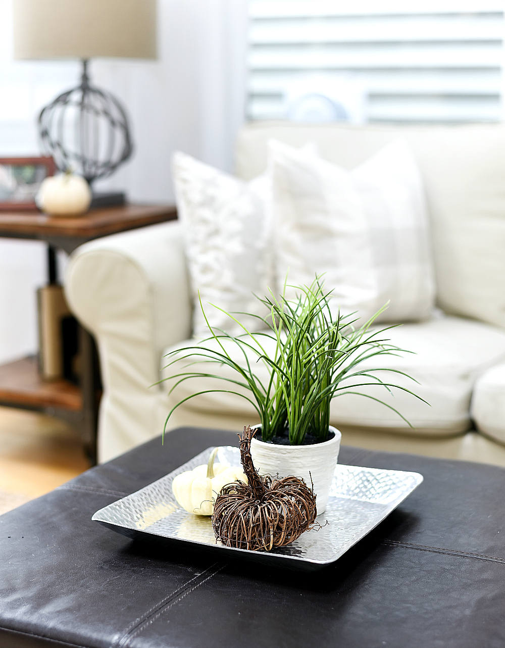 Neutral Gray, Greige, Jute Decor Ideas - Fall Family Room in Neutrals - Neutral Fall Decor