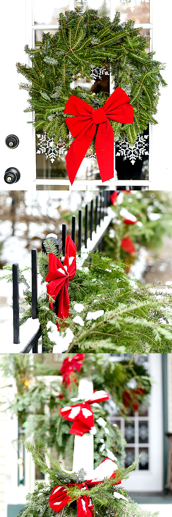 Greens And Red Bows Christmas Decorating Outside