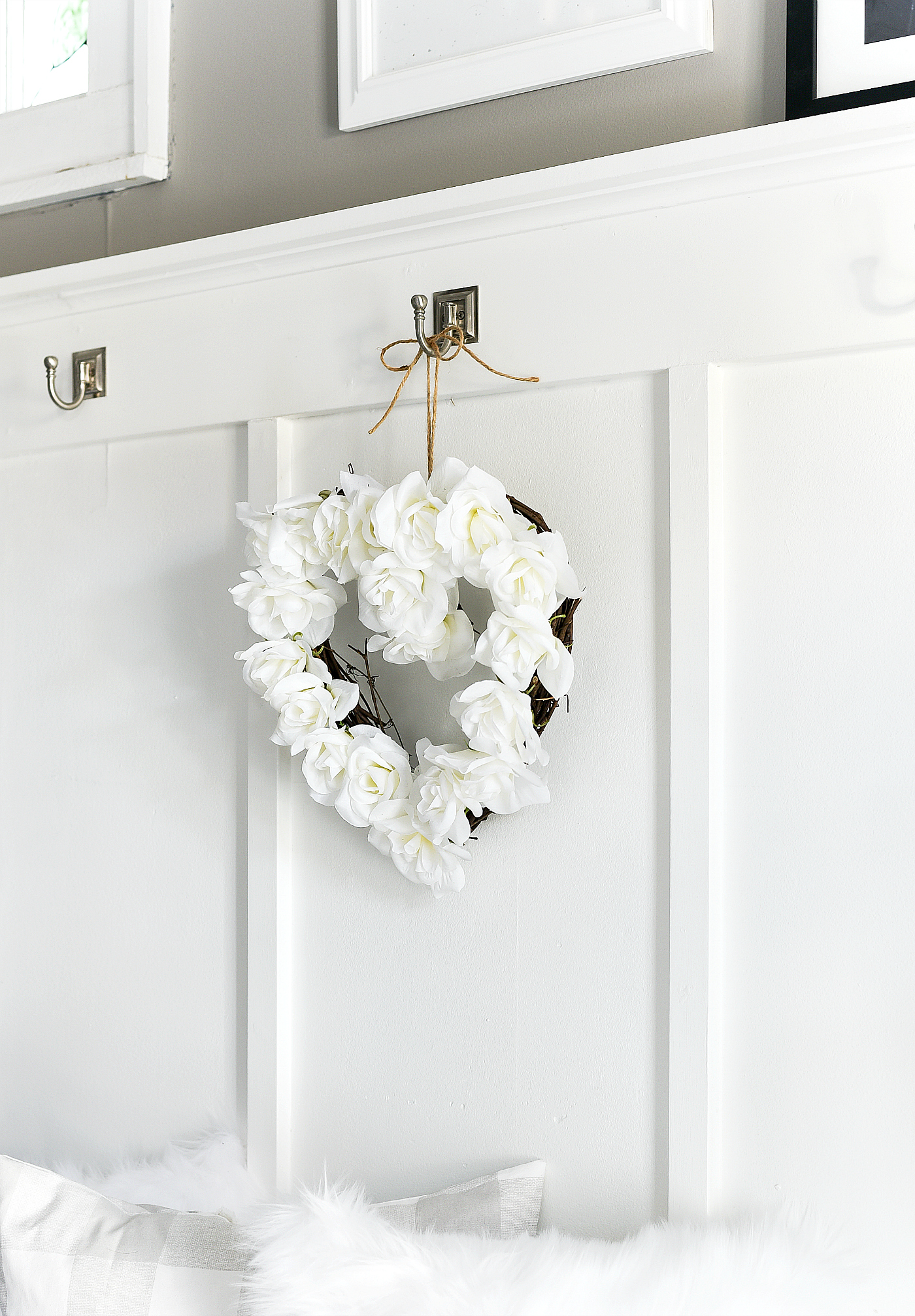 Neutral Valentine Decor Ideas - White Rose Heart Wreath