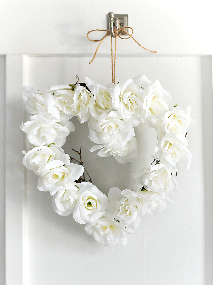 Neutral Valentine Decor Ideas - White Rose Heart Wreath