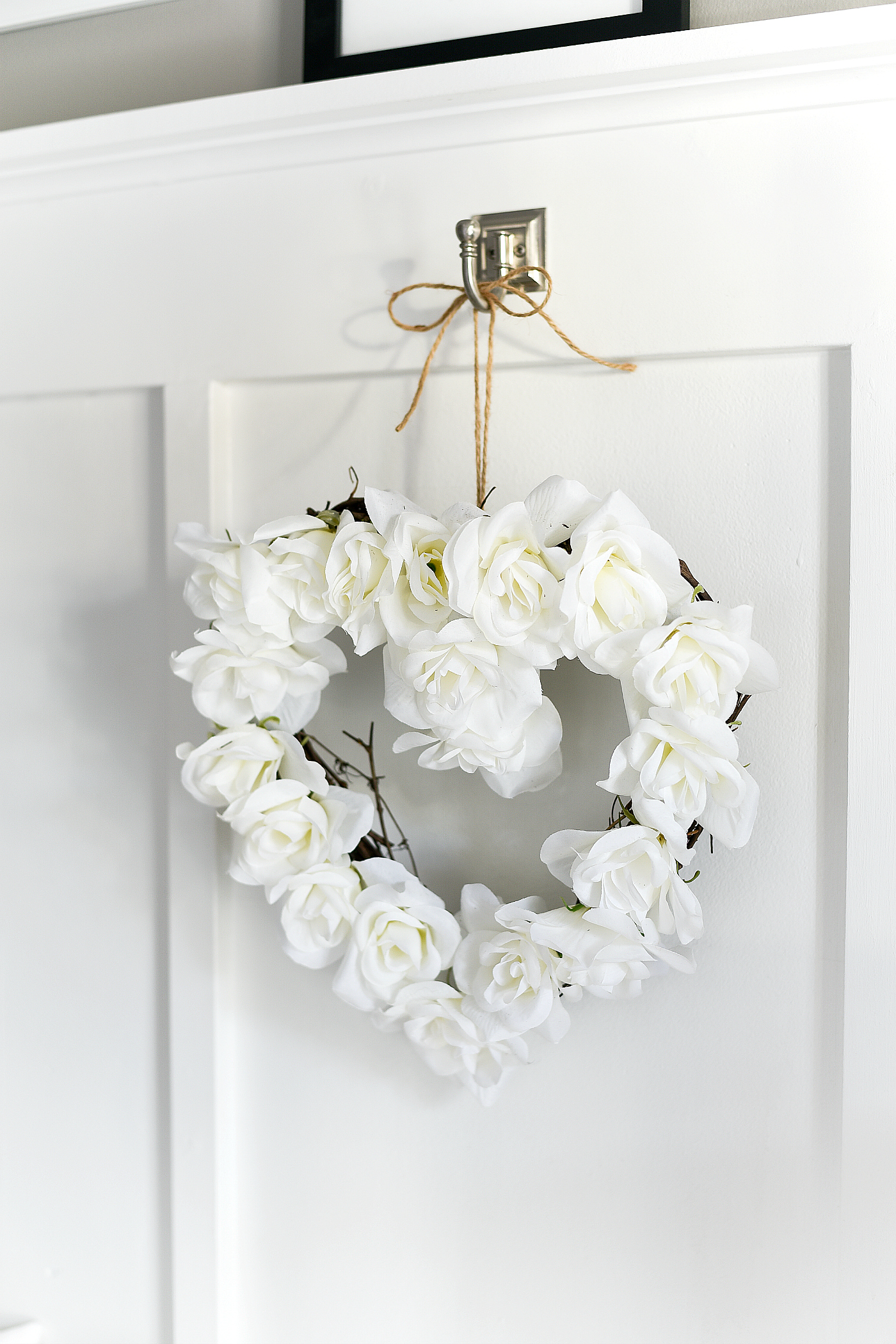 Neutral Valentine Decor Ideas - White Rose Heart Wreath
