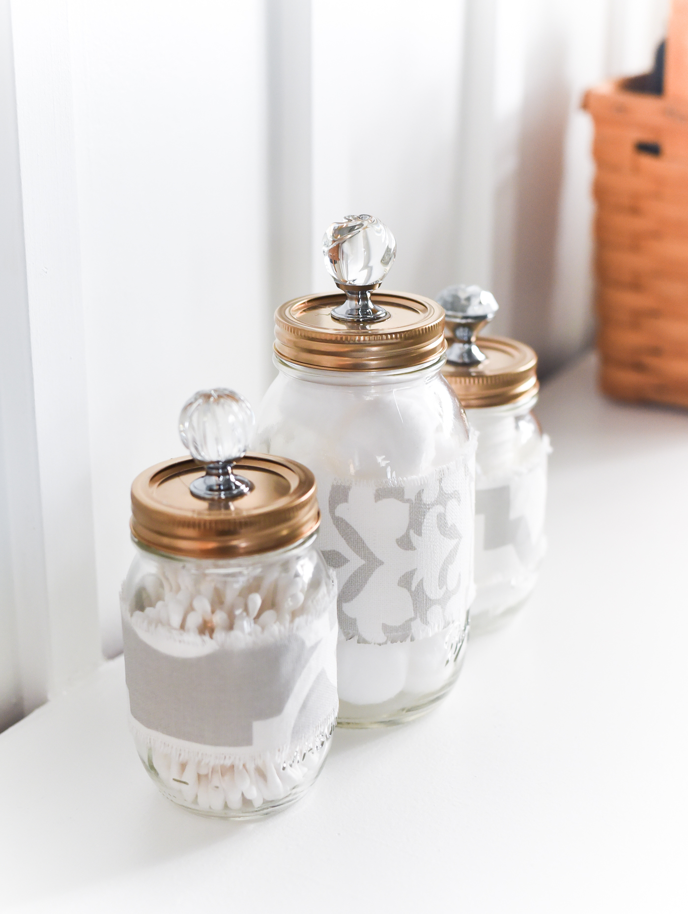 Mason Jar Cozies Bathroom Storage - Mason Jar Gold Lids with Crystal Glass Knobs