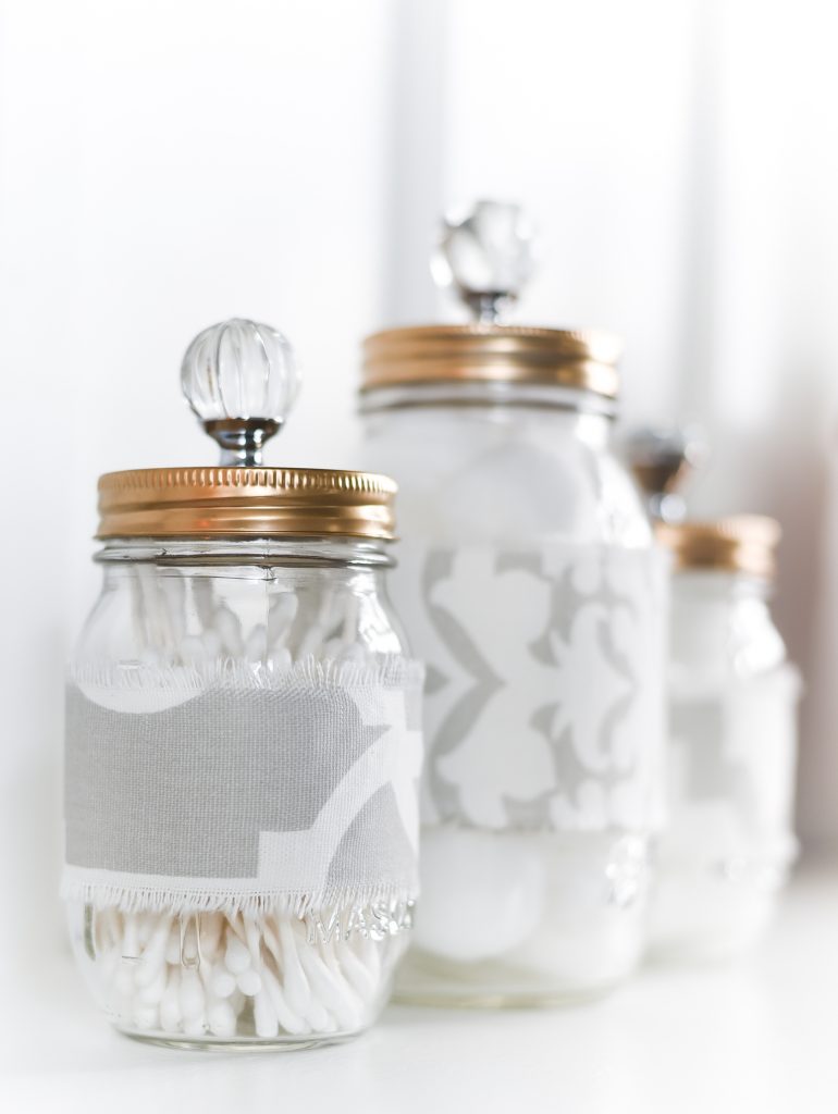 fabric covered mason jars - easy mason jar craft project with fabric - mason jar cozies - mason jar storage for bathroom