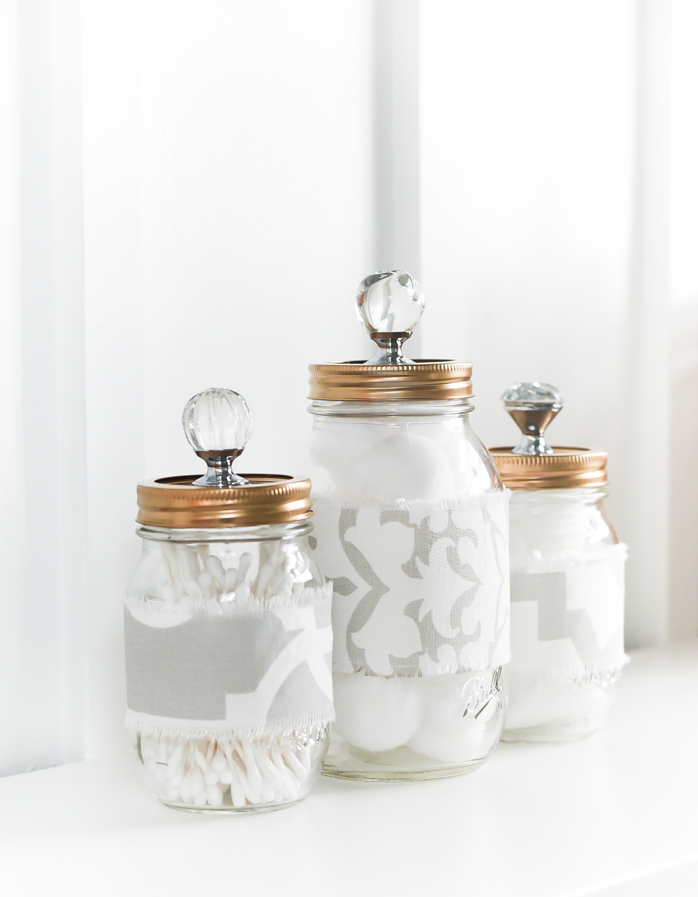 Mason Jar Cozies Bathroom Storage - Mason Jar Gold Lids with Crystal Glass Knobs