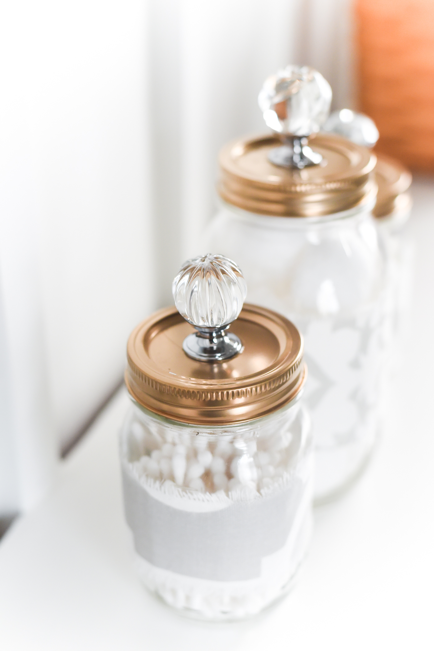 Mason Jar Gold Lids with Crystal Glass Knobs - Mason Jar Bathroom Storage