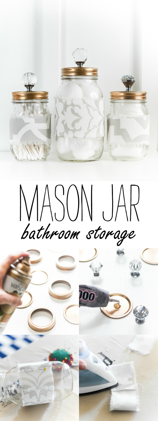 Mason Jar Cozies Bathroom Storage - Mason Jar Bathroom Storage - Mason Jars with Gold Lids Crystal Glass Knobs