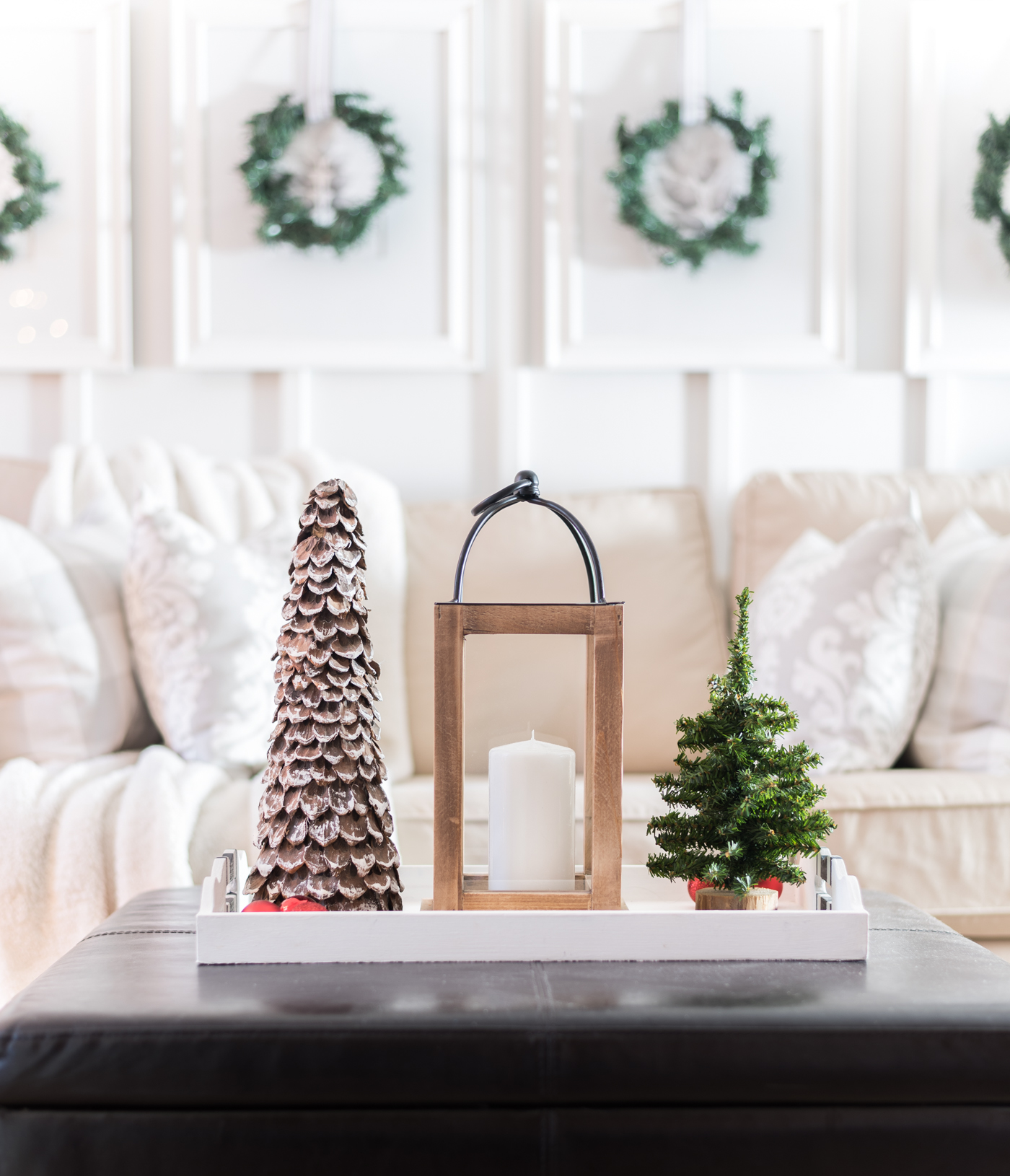 Gray, White and Red - Christmas Tree with gray and white ribbon - Decorating for Christmas with mini wreaths - Painted Pine Cone Garland DIY
