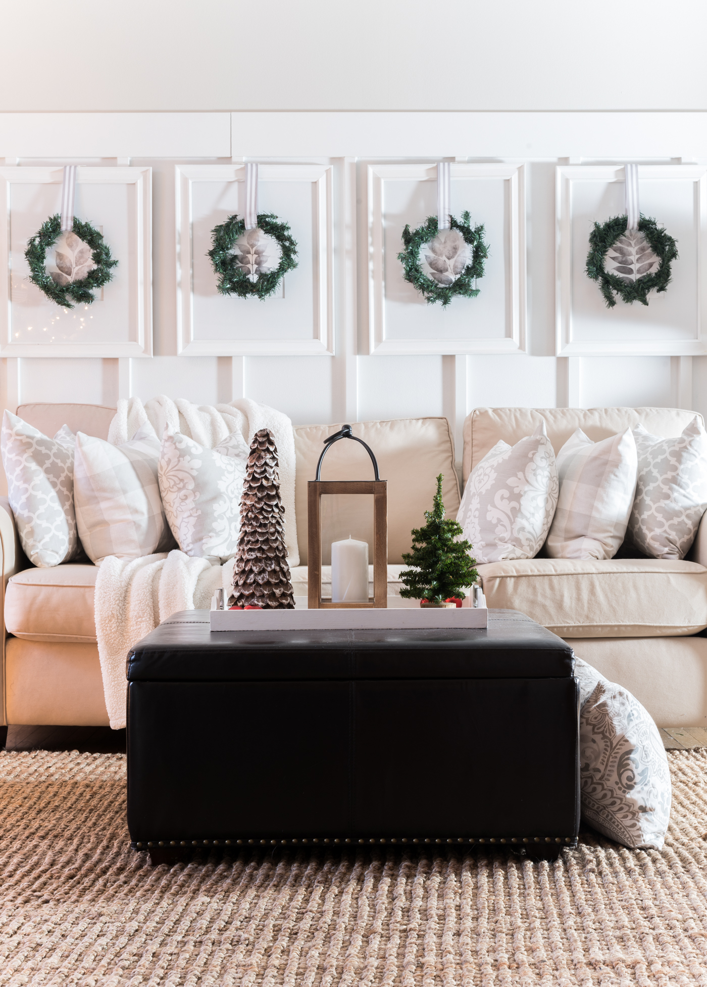 Gray, White and Red - Christmas Tree with gray and white ribbon - Decorating for Christmas with mini wreaths - Painted Pine Cone Garland DIY