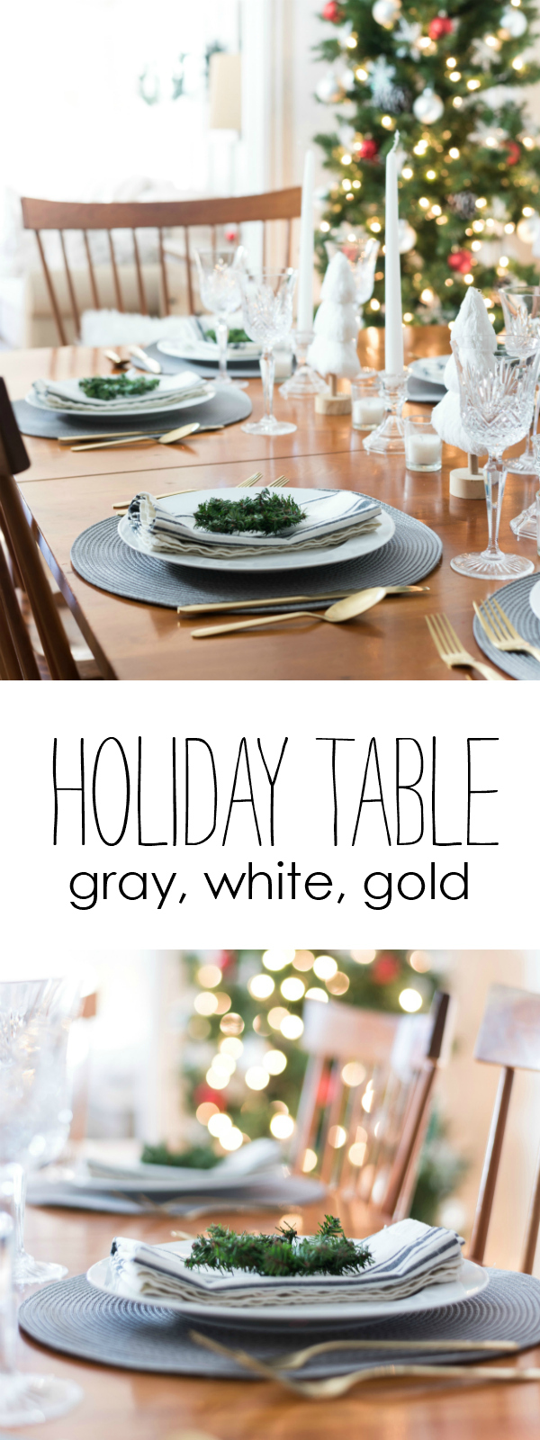 Christmas Table Setting in Gray, White, Gold