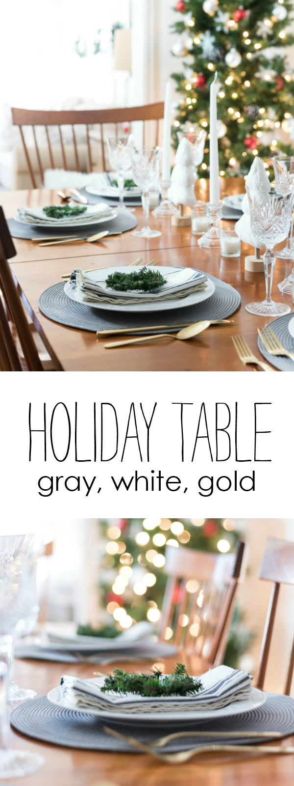 Christmas Table Setting in Gray, White, Gold. Gray and White Holiday Table Setting Idea. Mini Wreath Holiday Place Setting Idea. White mini Christmas Trees and Tapered Candles Holiday Table Centerpiece.