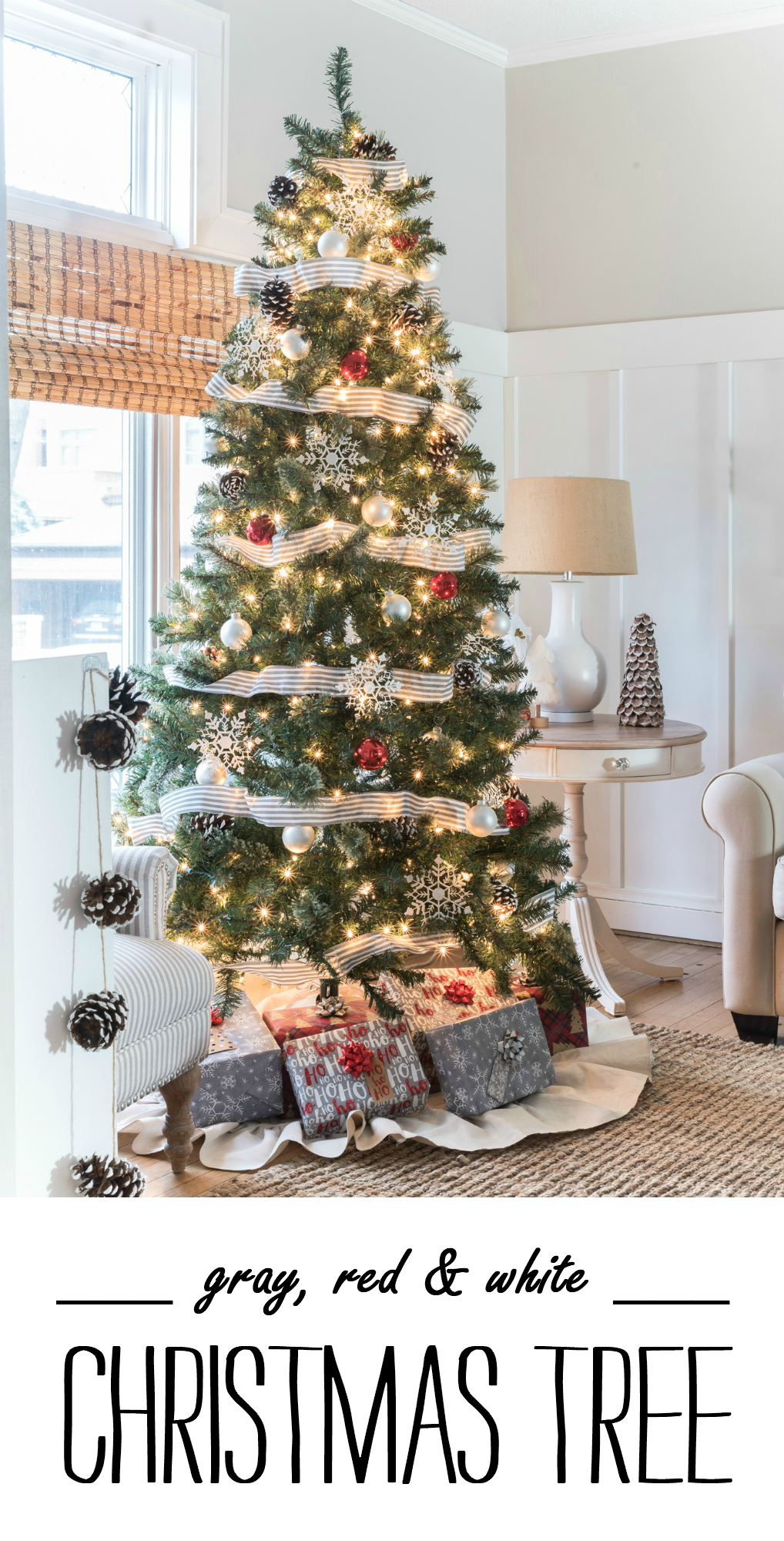 Christmas Tree in Gray, White and Red - Christmas Tree with Painted Pine Cones - Christmas Tree with Dollar Store Snowflakes - Decorating Christmas Tree with Ribbon in Gray and White Stripe.