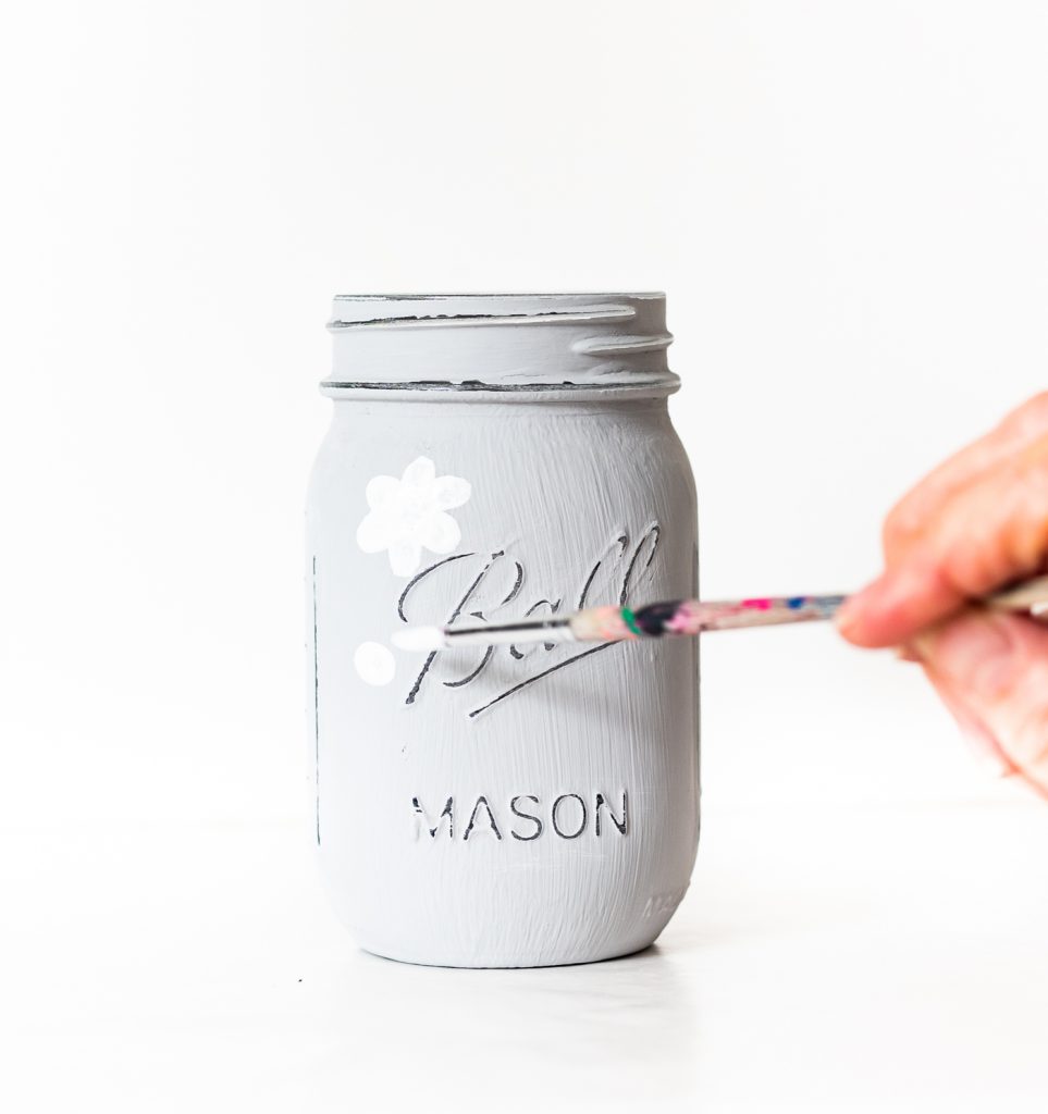 White Poppy Flowers Painted on Mason Jars