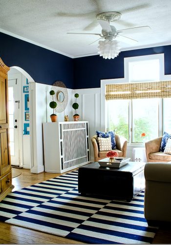 navy white board and batten living room