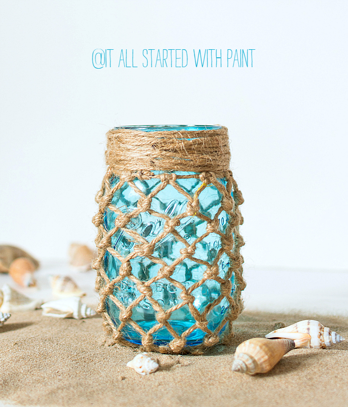 Mason Jar Crafts: Fishnet Wrapped Mason Blue Mason Jar