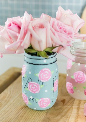 Painted Rose Mason Jar - Pink and Blue Painted Mason Jar