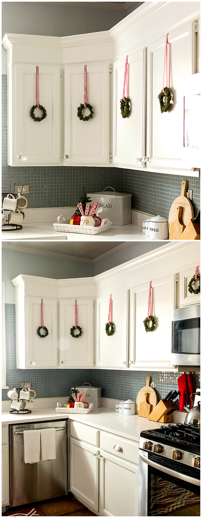 Decorating ideas with wreaths on cabinet doors