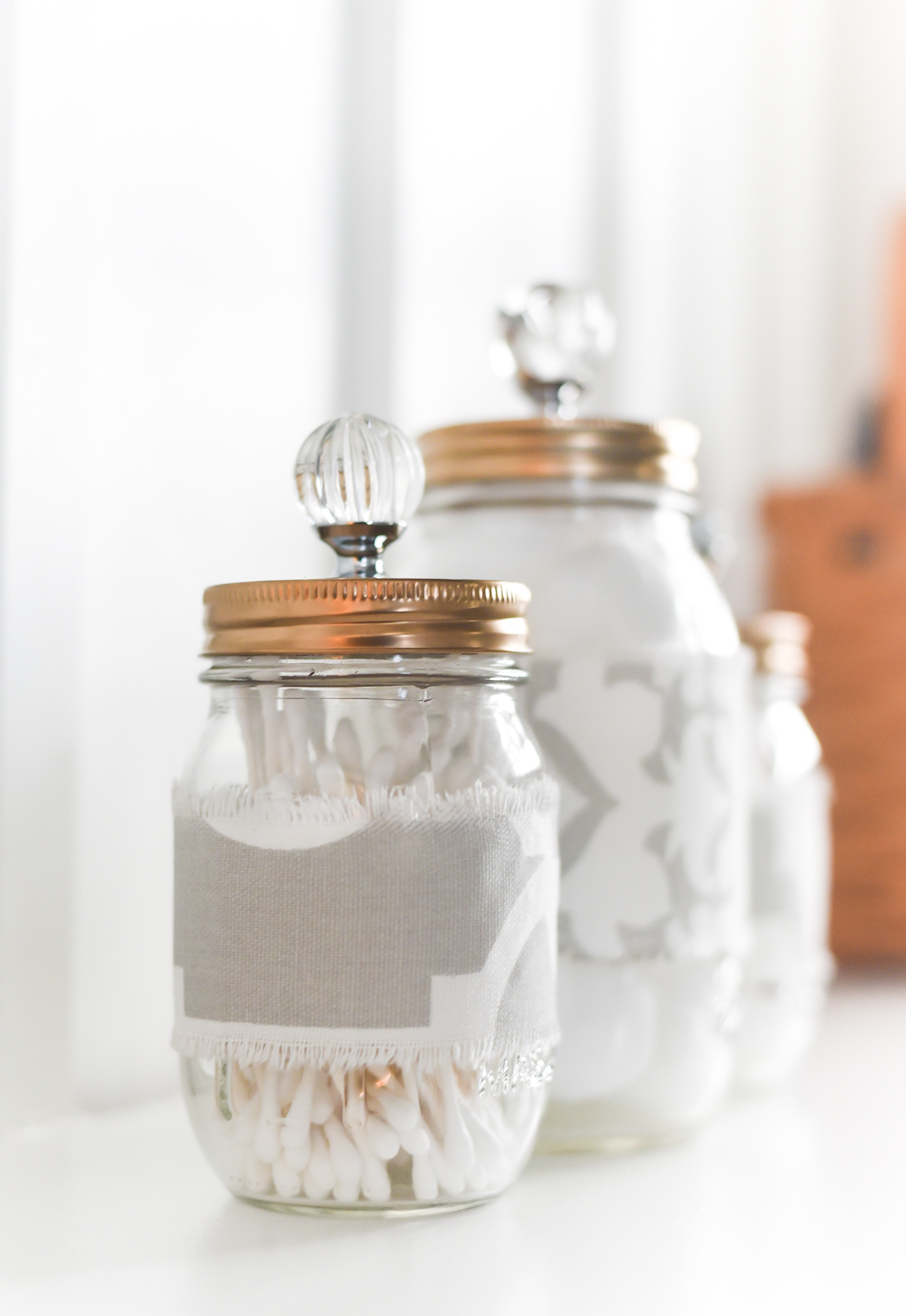 MasonJarBathroomStorageFabricCozyGoldPaintedTopsCrystalKnobs
