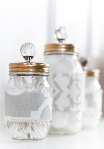 fabric covered mason jars - easy mason jar craft project with fabric - mason jar cozies - mason jar storage for bathroom