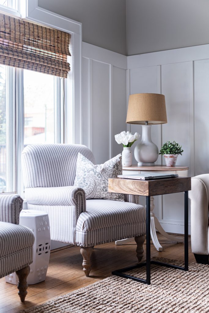 Gray White Living Room with Board and Batten Walls