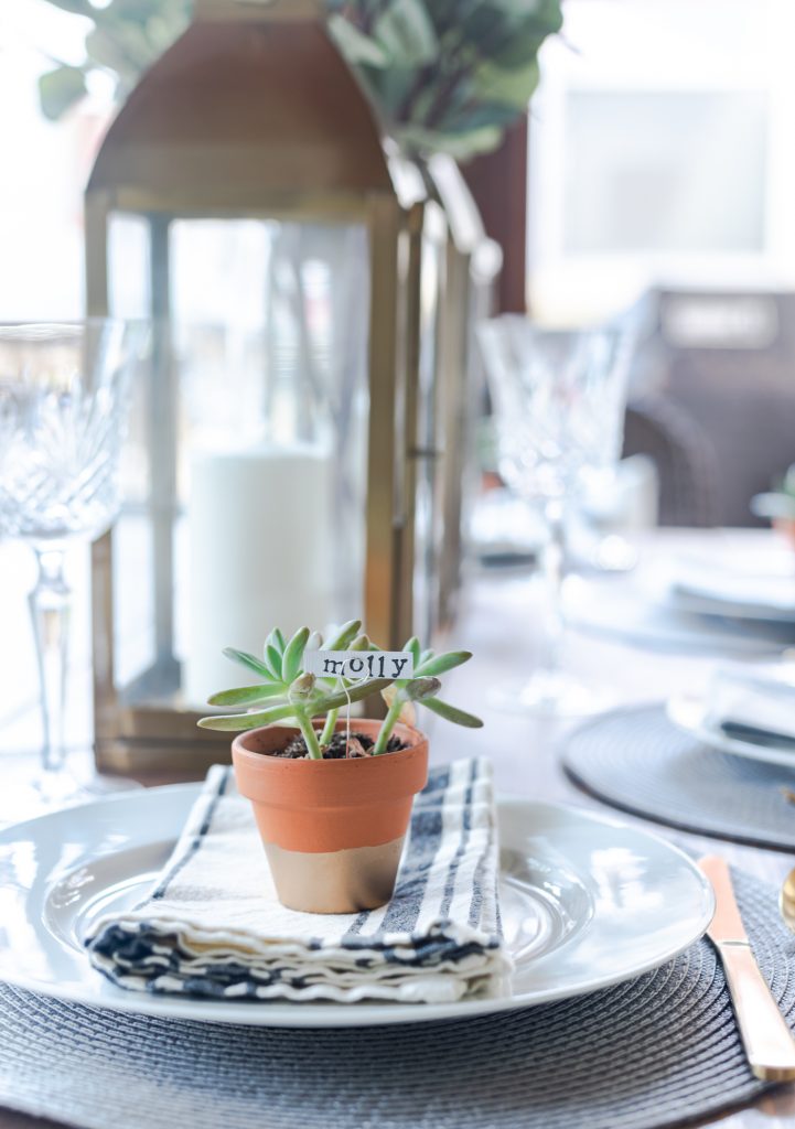 Gold Lantern, Succulent Place Card Holder, Grosgrain gray white striped napkin, gold flatware - Summer Table Setting in Gray, White, Gold - Summer Table Setting Ideas