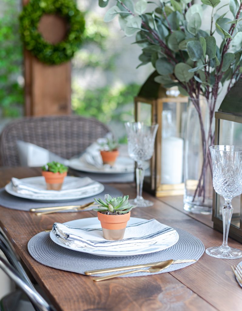 Gold Lantern, Succulent Place Card Holder, Grosgrain gray white striped napkin, gold flatware - Summer Table Setting in Gray, White, Gold - Summer Table Setting Ideas