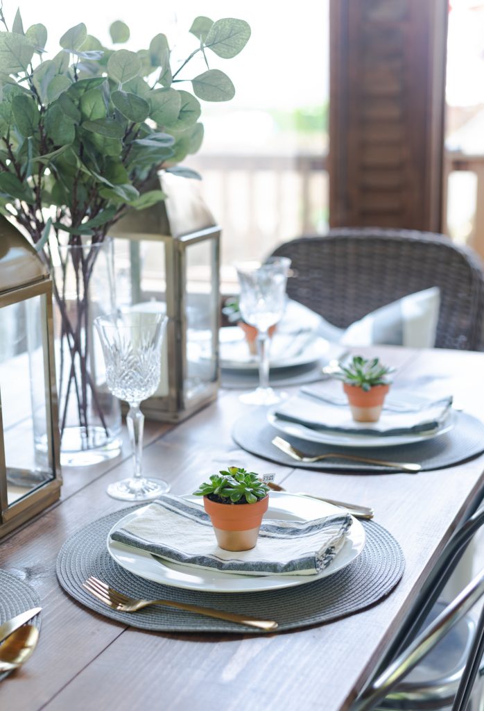 Gold Lantern, Succulent Place Card Holder, Grosgrain gray white striped napkin, gold flatware - Summer Table Setting in Gray, White, Gold - Summer Table Setting Ideas