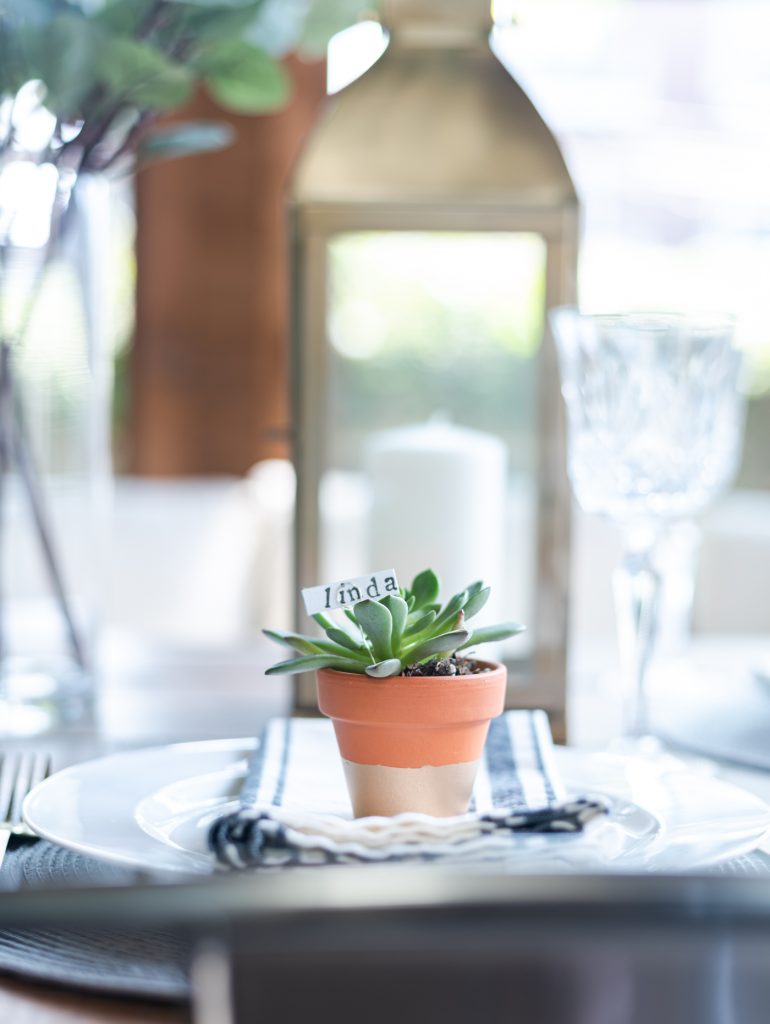 Gold Lantern, Succulent Place Card Holder, Grosgrain gray white striped napkin, gold flatware - Summer Table Setting in Gray, White, Gold - Summer Table Setting Ideas