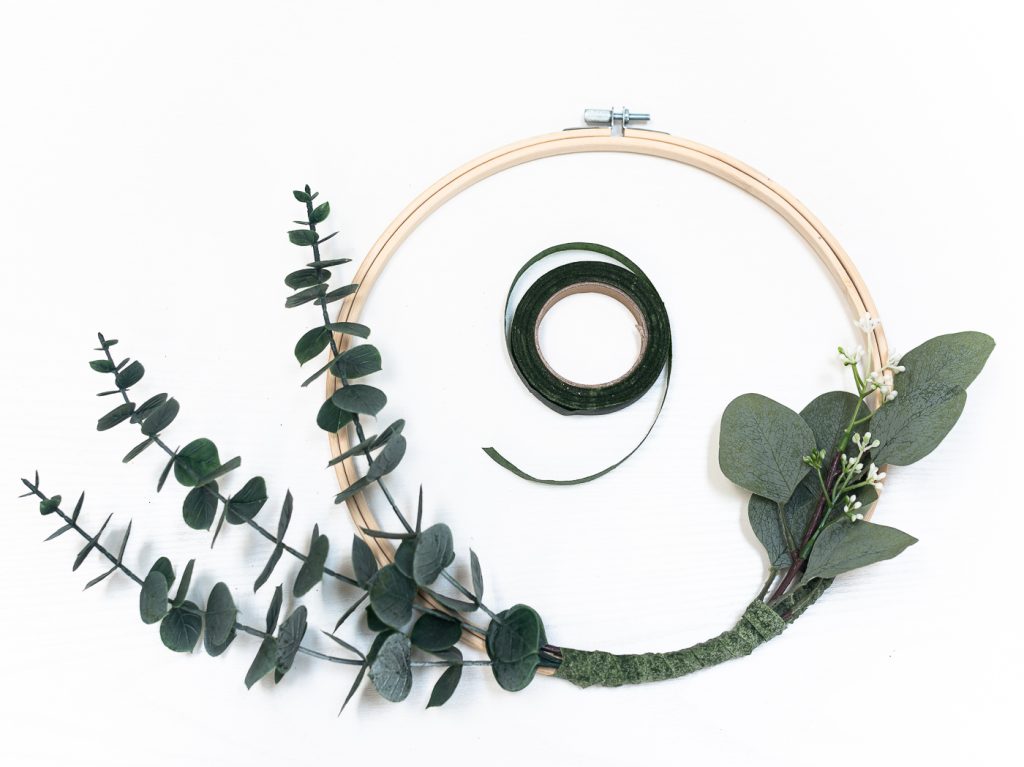 How To Make Embroidery Hoop Wreath With Faux Eucalyptus & White Roses.