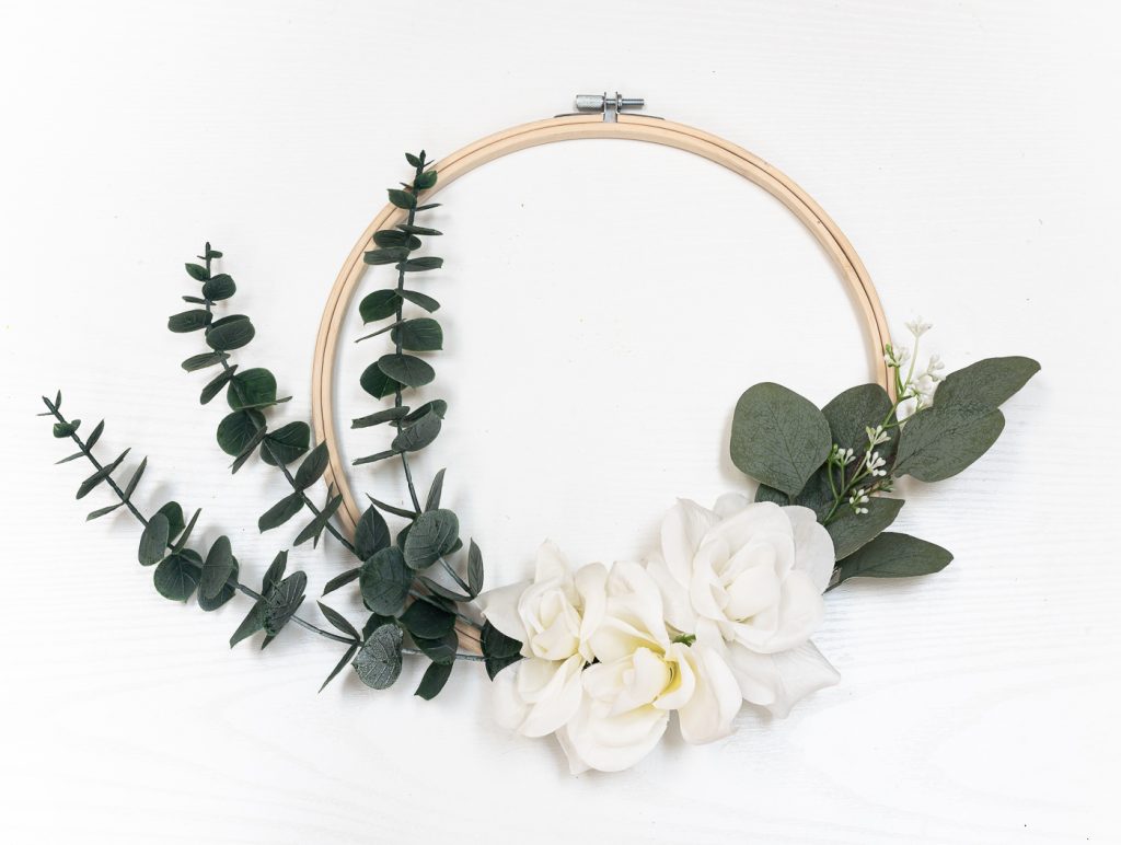 How To Make Embroidery Hoop Wreath With Faux Eucalyptus & White Roses.