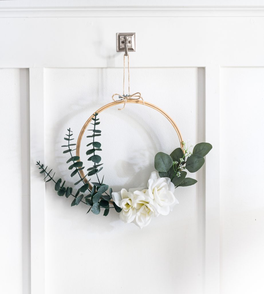 Embroidery Hoop Wreath DIY - How To Make Embroidery Hoop Wreath With Faux Eucalyptus & White Roses.