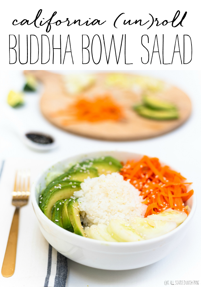 Vegetarian California Roll Buddha Bowl Salad - Sushi Salad Recipe - Asian Salad Recipe with Sushi Rice, Avocado, Carrot, Cucumber, Sesame Seeds and Seasoned Rice Vinegar