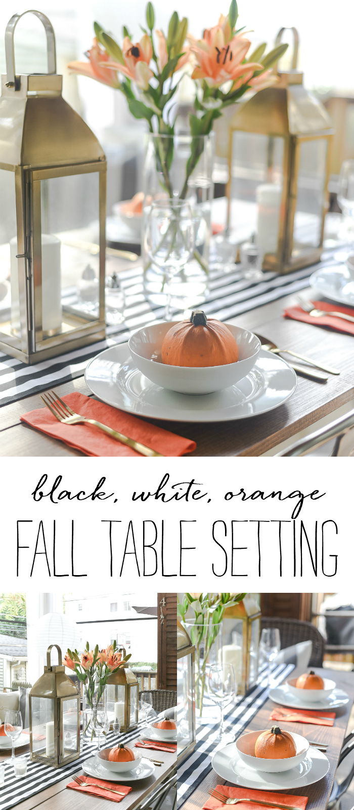 Fall Table Setting in Orange, Black & White - Black White Striped Table Runner - Pumpkins, Orange Napkins, White Plates, Gold Flatware