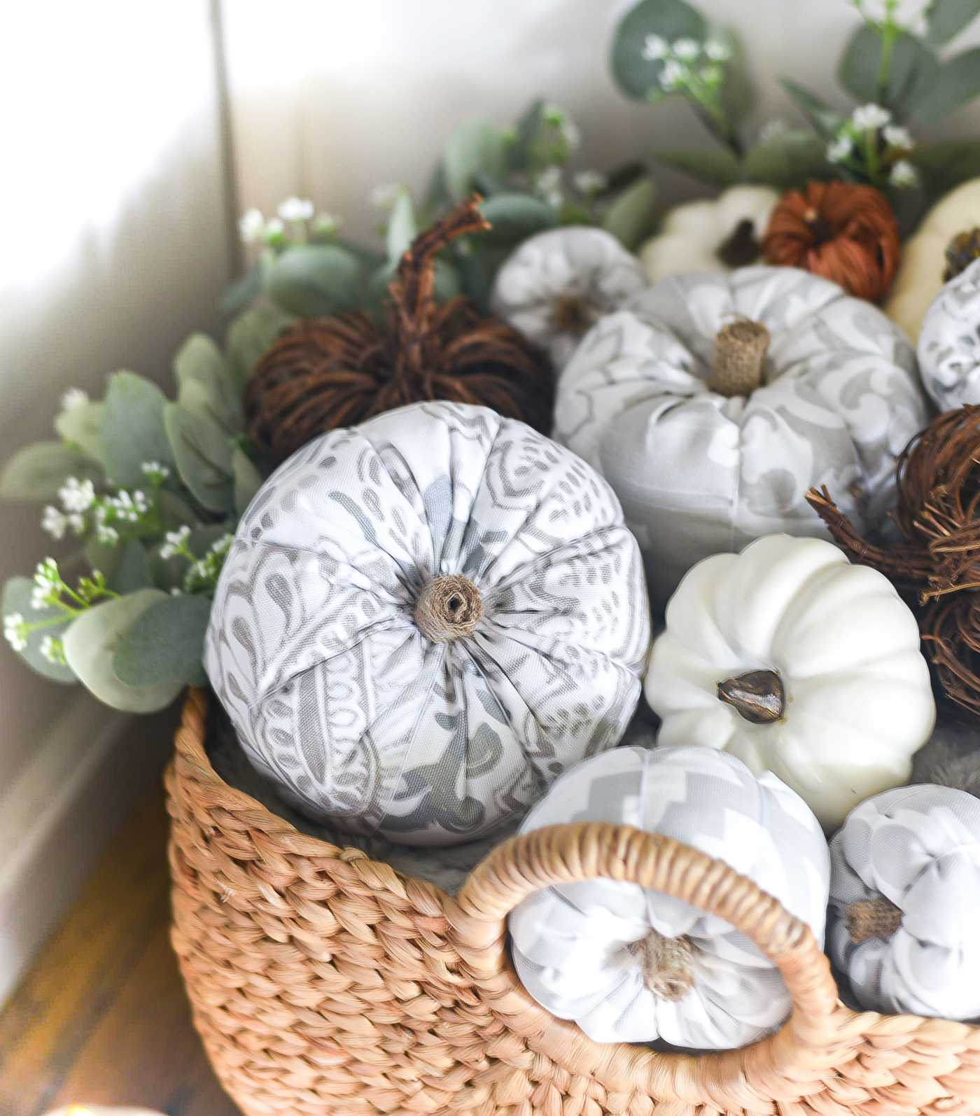 How To Make Fabric Stuffed Pumpkins - Gray White Greige Fabric Pumpkins DIY