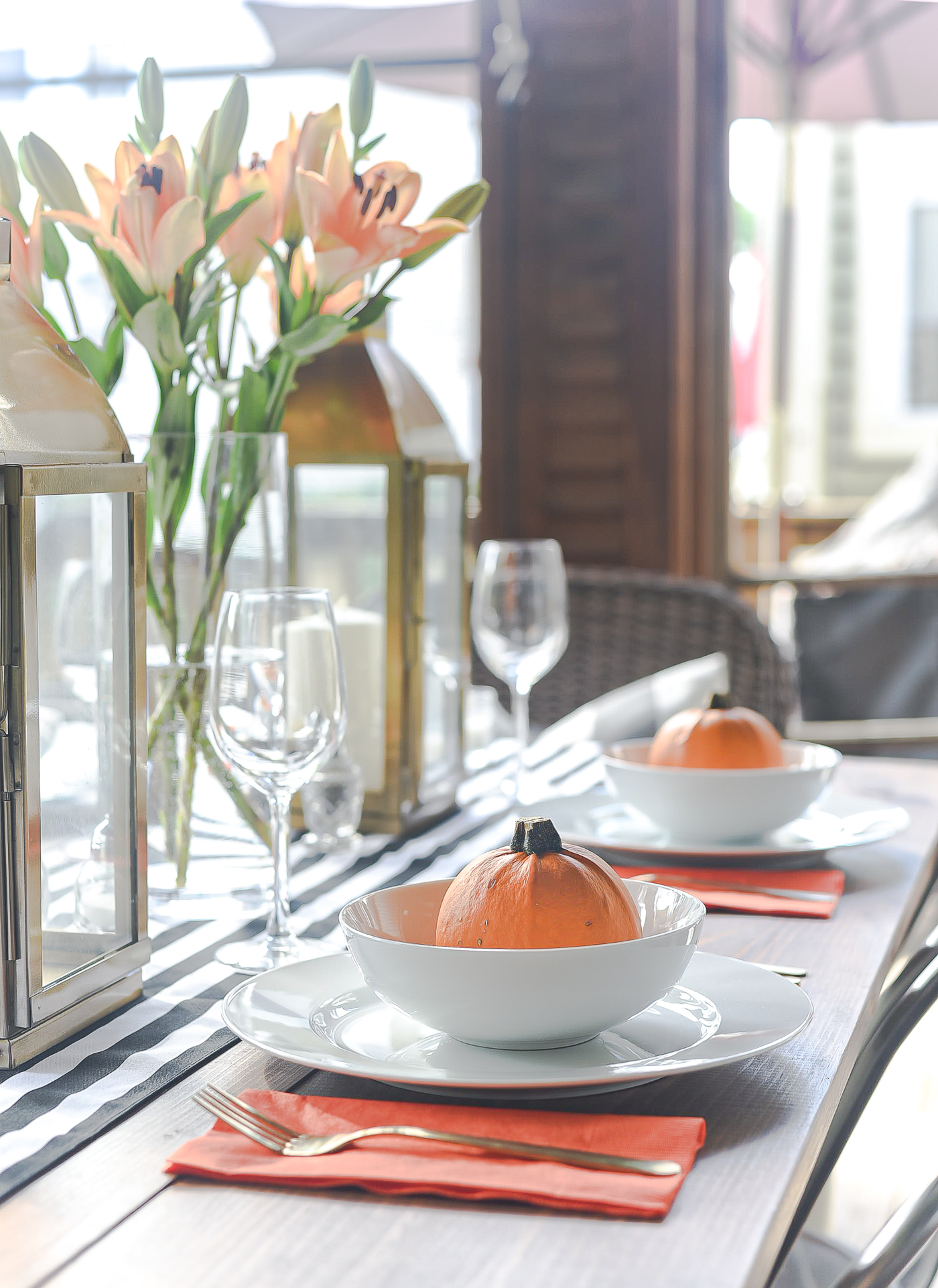 Fall Table Setting in Orange, Black & White - Black White Striped Table Runner - Pumpkins, Orange Napkins, White Plates, Gold Flatware