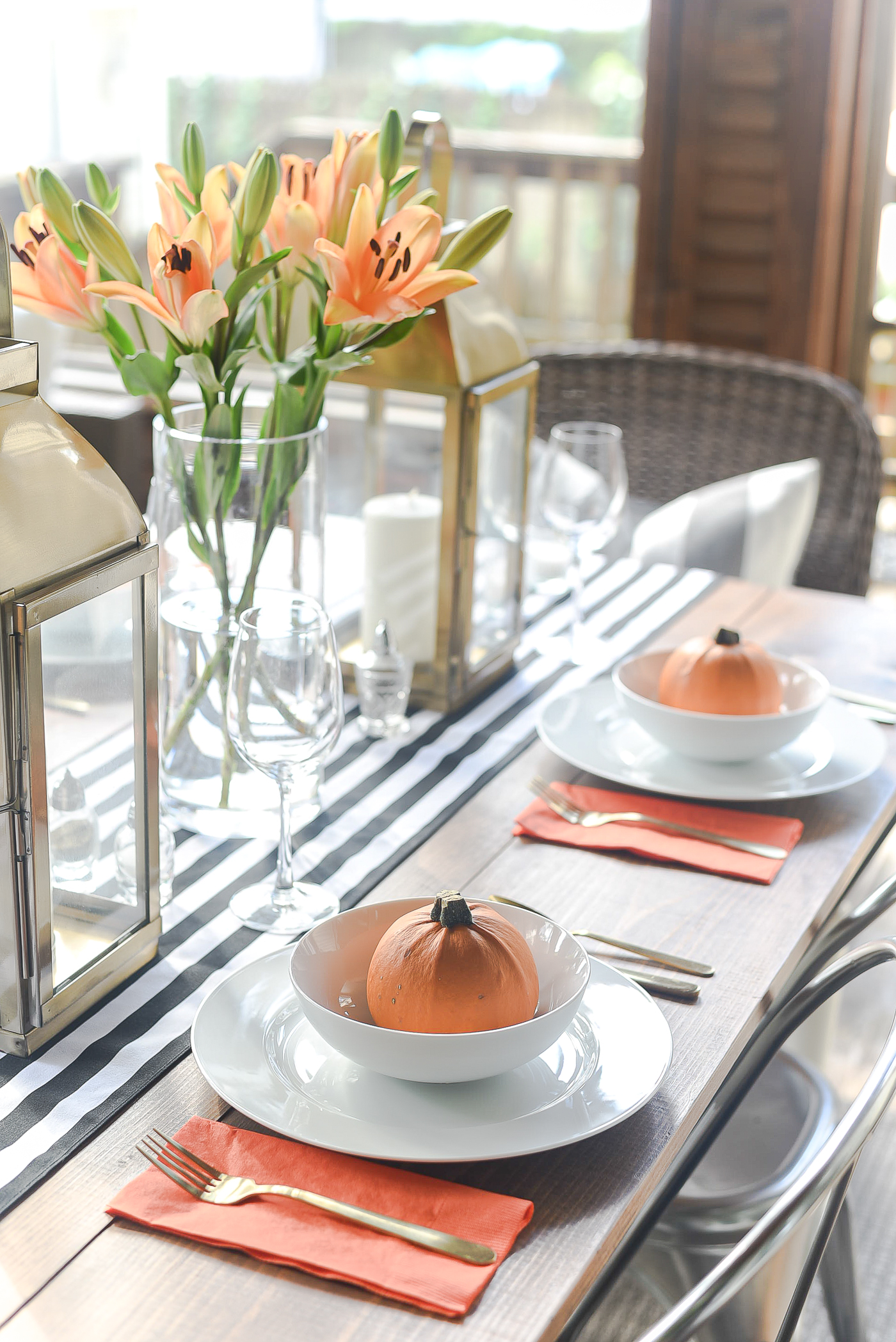 Fall Table Setting in Orange, Black & White - Black White Striped Table Runner - Pumpkins, Orange Napkins, White Plates, Gold Flatware