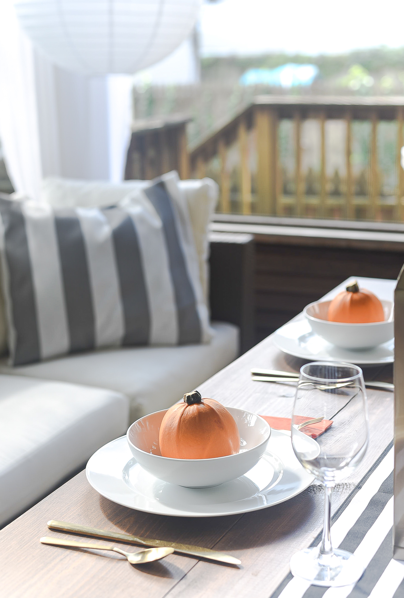 Fall Table Setting in Orange, Black & White - Black White Striped Table Runner - Pumpkins, Orange Napkins, White Plates, Gold Flatware