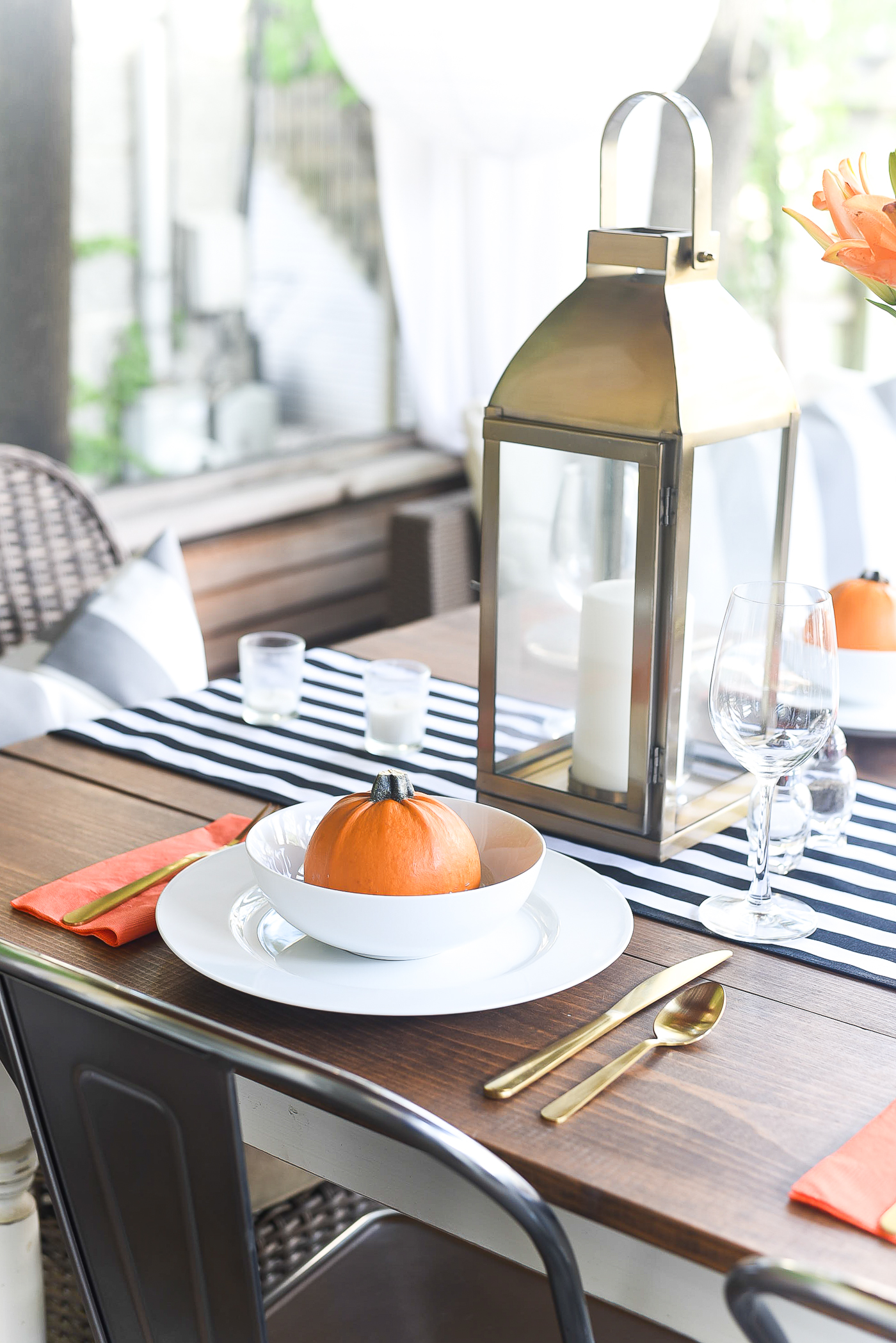 Fall Table Setting in Orange, Black & White - Black White Striped Table Runner - Pumpkins, Orange Napkins, White Plates, Gold Flatware