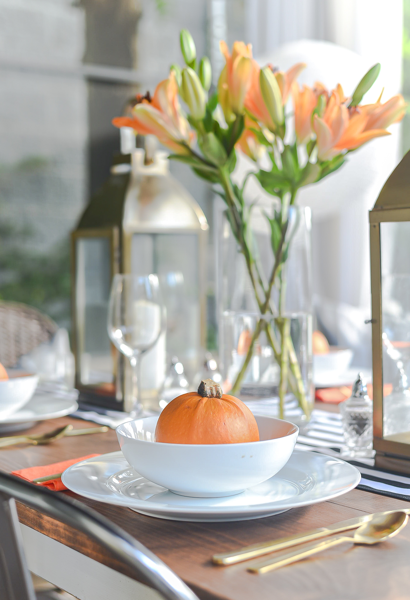 Fall Table Setting in Orange, Black & White - Black White Striped Table Runner - Pumpkins, Orange Napkins, White Plates, Gold Flatware