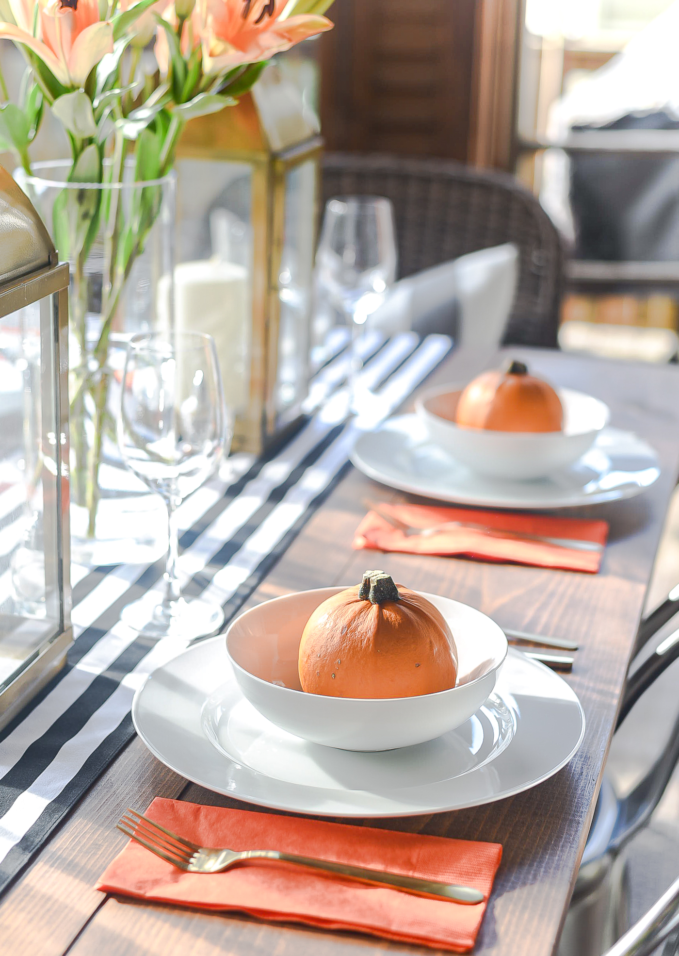 Fall Table Setting in Orange, Black & White - Black White Striped Table Runner - Pumpkins, Orange Napkins, White Plates, Gold Flatware