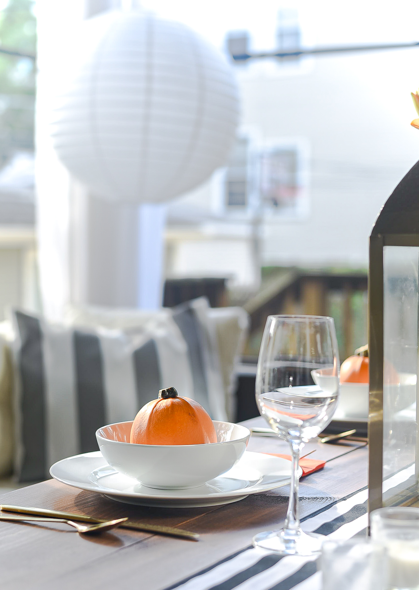 Fall Table Setting in Orange, Black & White - Black White Striped Table Runner - Pumpkins, Orange Napkins, White Plates, Gold Flatware