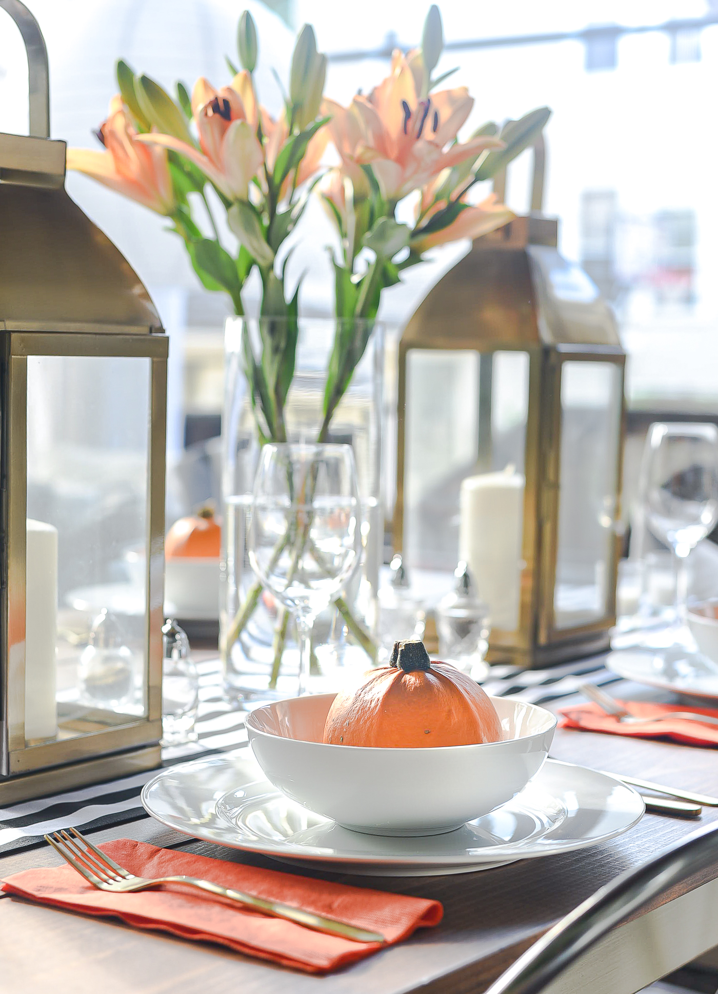 Fall Table Setting in Orange, Black & White - Black White Striped Table Runner - Pumpkins, Orange Napkins, White Plates, Gold Flatware