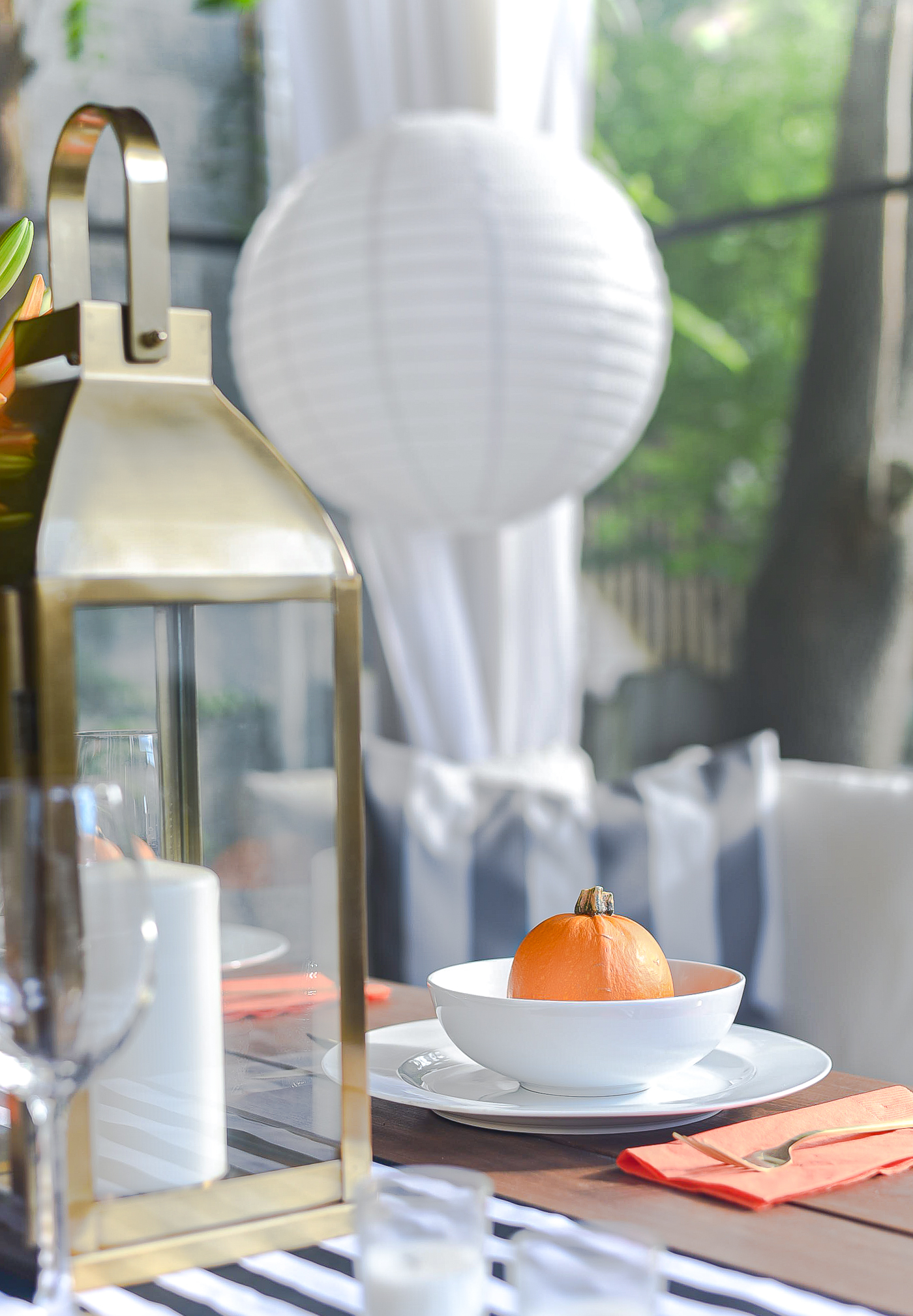 Fall Table Setting in Orange, Black & White - Black White Striped Table Runner - Pumpkins, Orange Napkins, White Plates, Gold Flatware