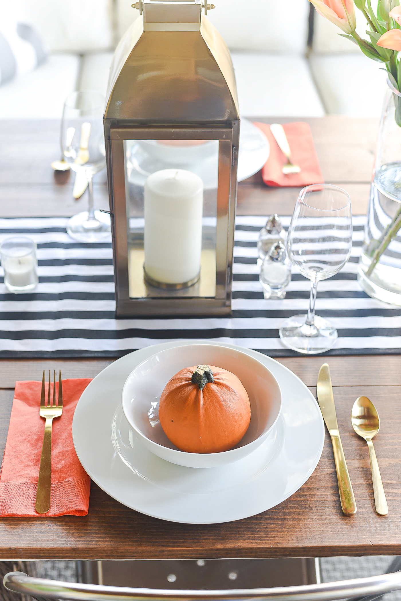 Fall Table Setting in Orange, Black & White - Black White Striped Table Runner - Pumpkins, Orange Napkins, White Plates, Gold Flatware