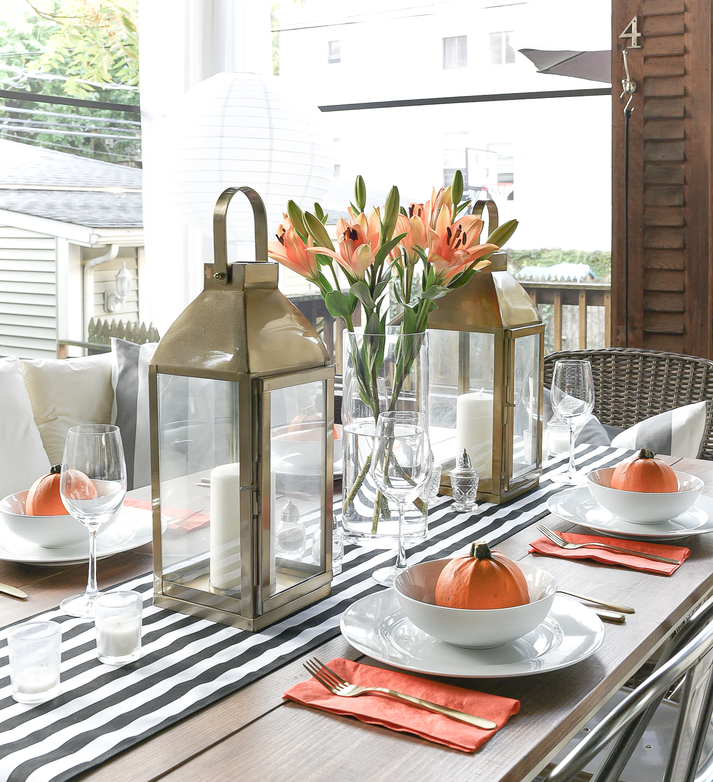 Fall Table Setting in Orange, Black & White - Black White Striped Table Runner - Pumpkins, Orange Napkins, White Plates, Gold Flatware