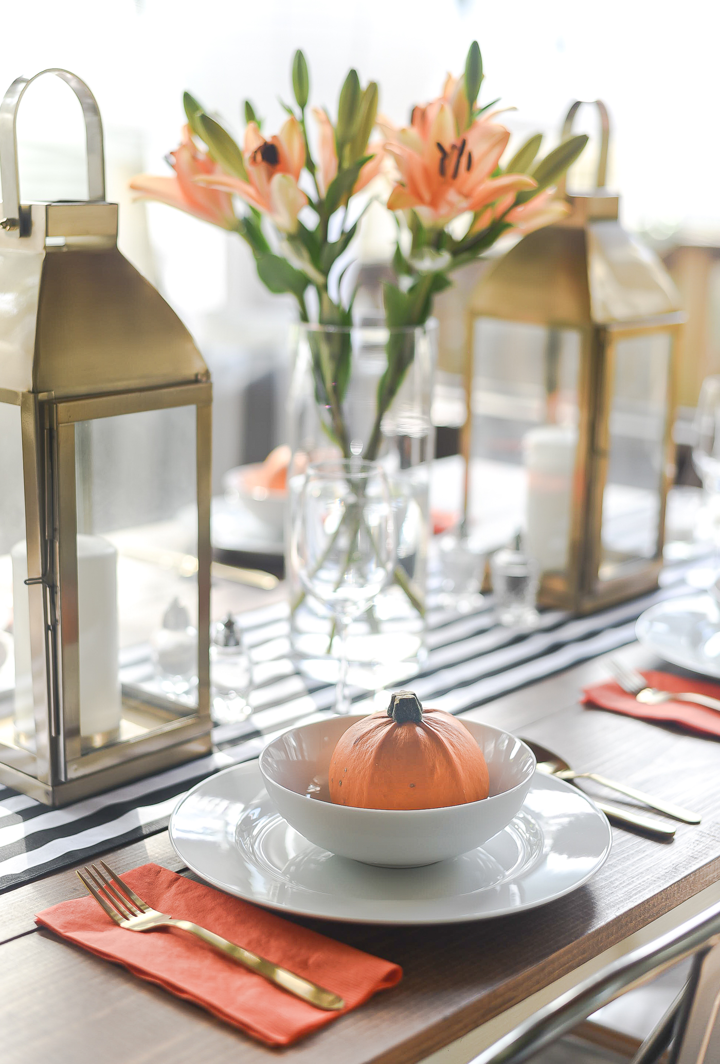 Fall Table Setting in Orange, Black & White - Black White Striped Table Runner - Pumpkins, Orange Napkins, White Plates, Gold Flatware